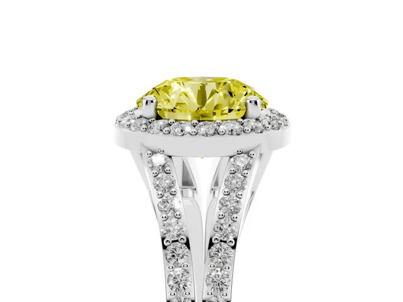 Round Halo Engagement Ring Setting for a Fancy Yellow Lab-Grown Diamond | Pave Split Shank | Platinum