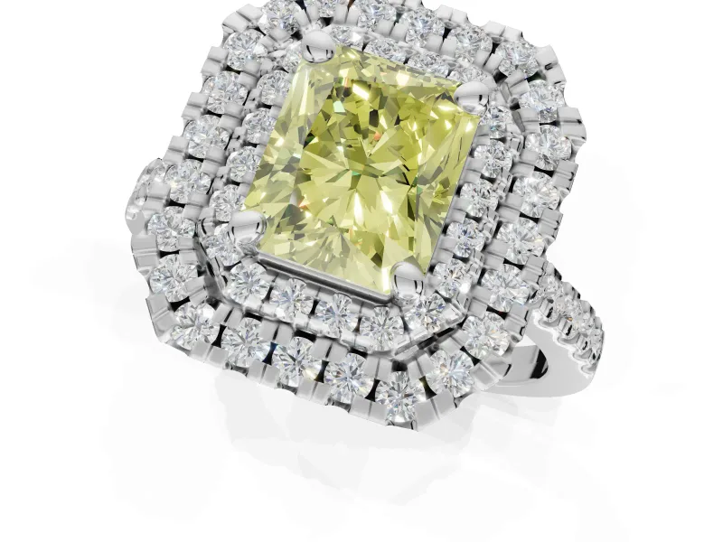 Canary Yellow Radiant Cut Lab-Grown Diamond Double Halo Statement Ring Set in White Gold with Pavé Band