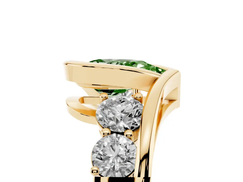 Fancy Green Pear Cut Diamond Bezel Bypass Ring Set in Yellow gold with Round Accents