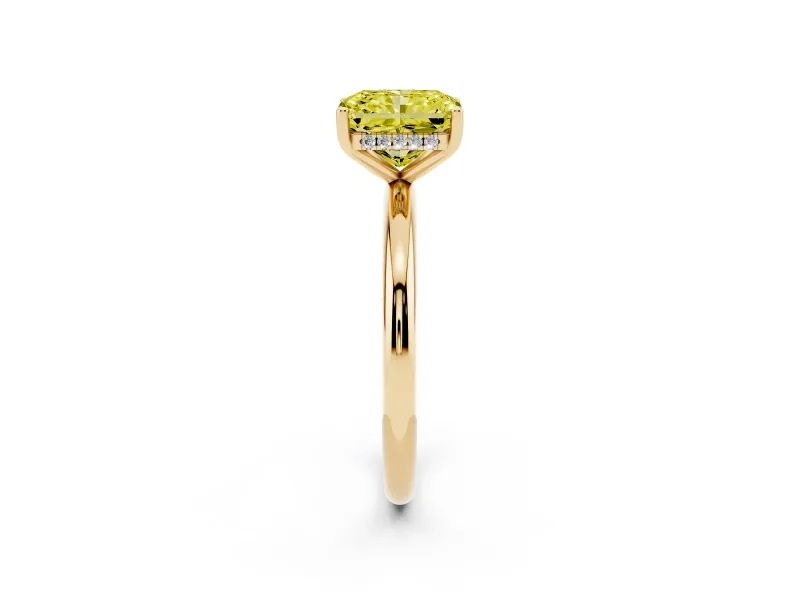 Fancy Yellow Radiant Cut Diamond Solitaire Engagement Ring Set in Yellow gold with Prong Setting and Polished Band