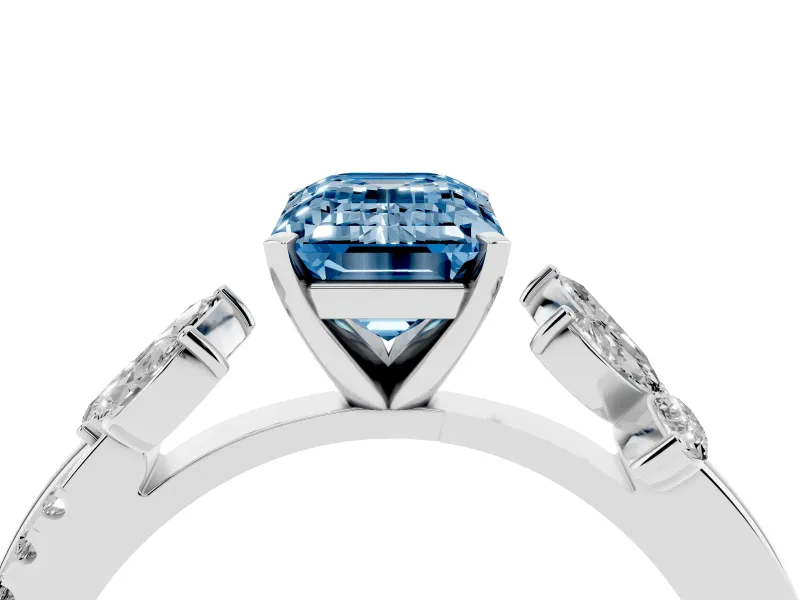 Fancy Blue Emerald Cut Diamond Floral Vine Solitaire Engagement Ring Set in Platinum with Marquise Leaves
