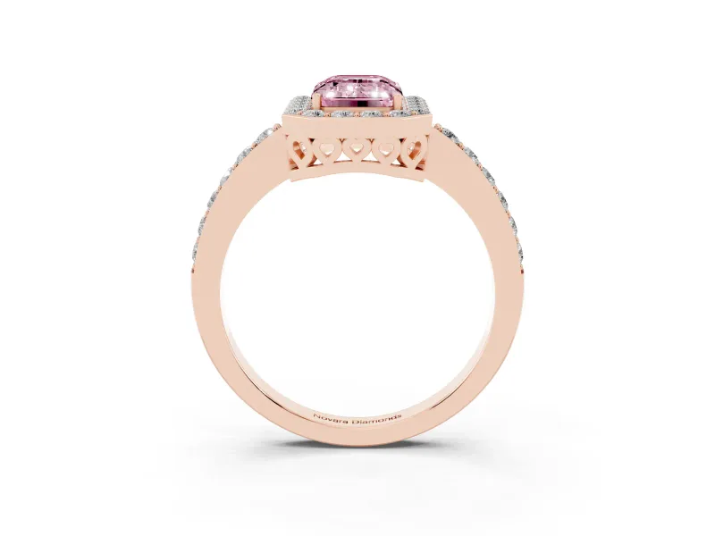 Fancy Pink Emerald Cut Diamond Halo Ring Set in Rose gold with Pavé-Setting Band and Open Prong Center
