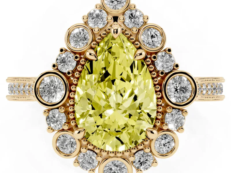 Pear-Shaped Scalloped Halo Engagement Ring Setting for a Fancy Yellow Lab-Grown Diamond | Milgrain Edges | Yellow Gold