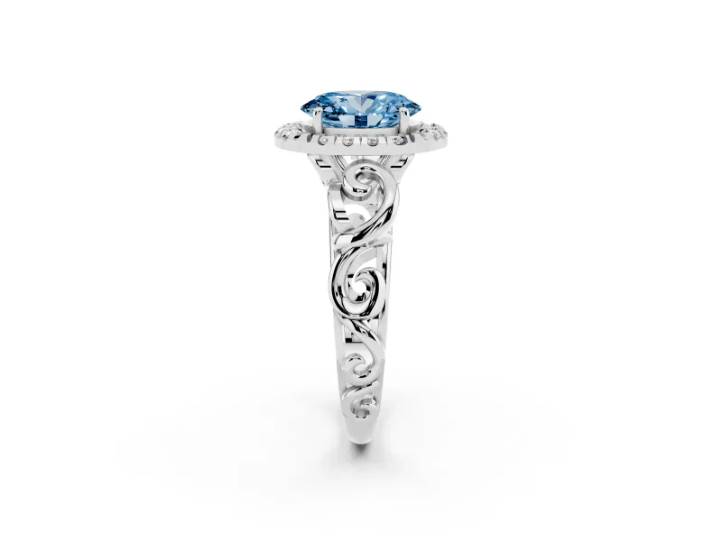 Fancy Blue Oval Cut Diamond Halo Ring Set in Silver with Scrollwork Band and Prong Setting