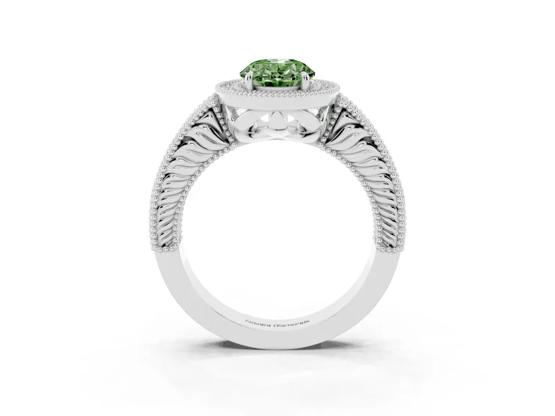 Fancy Green Oval Cut Diamond Halo Ring Set in Platinum with Round Accent Halo, Pavé Band and Prong Setting
