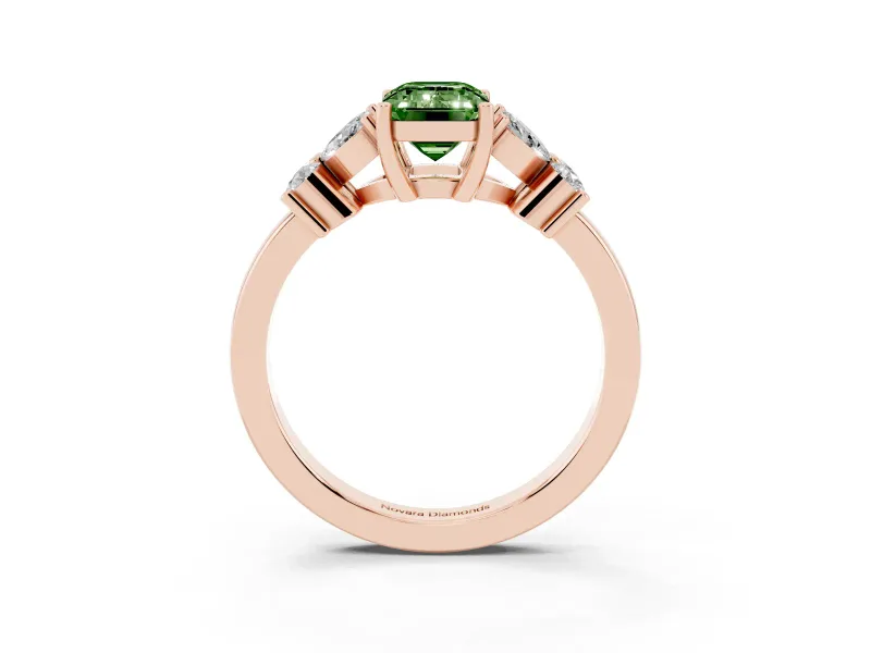 Fancy Green Emerald Cut Diamond Floral Cluster Ring Set in Rose gold with Marquise Petals and Prong Setting
