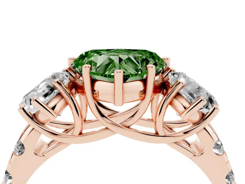 Heart-Shaped Three Stone Engagement Ring Setting for a Fancy Green Lab-Grown Diamond | Accented Shoulders | Rose Gold