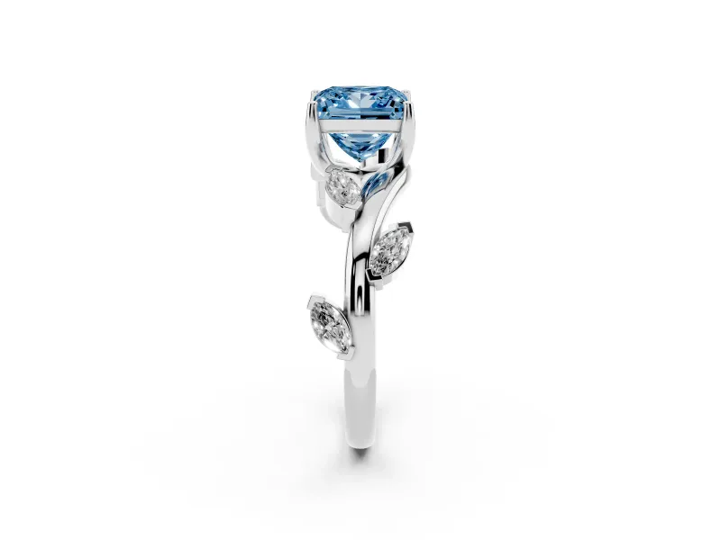Princess Cut Twisted Vine Engagement Ring Setting for a Fancy Blue Lab-Grown Diamond | Marquise Leaves | Sterling Silver