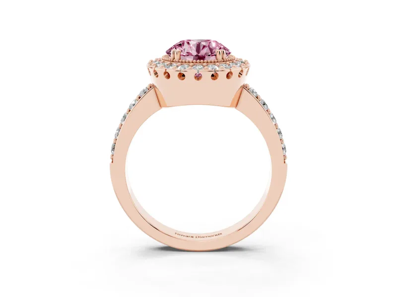 Round Vintage Milgrain Halo Engagement Ring Setting for a Fancy Pink Lab-Grown Diamond | Pierced Gallery | Rose Gold