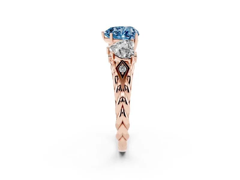 Heart-Shaped Three Stone Engagement Ring Setting for a Fancy Blue Lab-Grown Diamond | Braided Band | Rose Gold