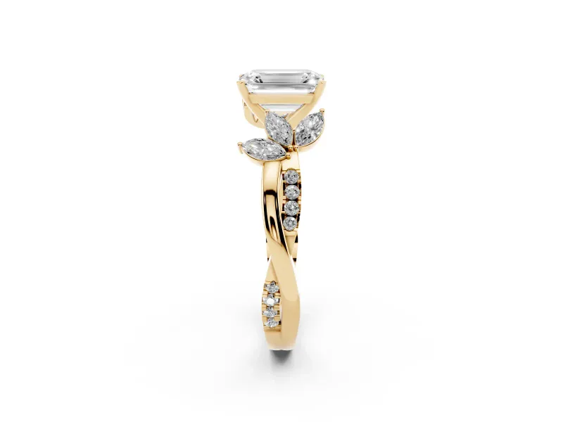 Emerald Cut Diamond Floral Vine Solitaire Engagement Ring Set in Yellow gold with Marquise Leaves