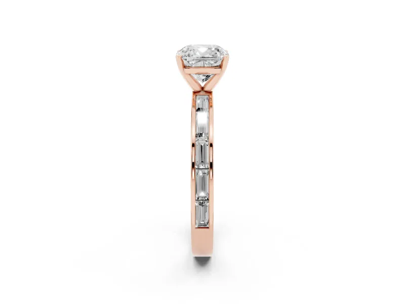 Cushion Cut Diamond Solitaire Ring Set in Rose gold with Channel-Set Baguette Band and Prong Setting
