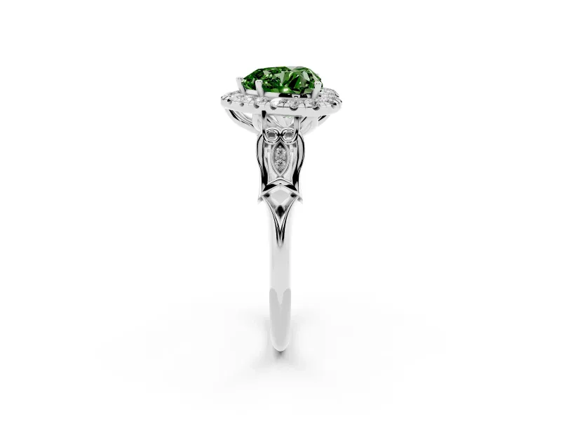 Heart-Shaped Halo Engagement Ring Setting for a Fancy Green Lab-Grown Diamond | Filigree Shoulders | White Gold