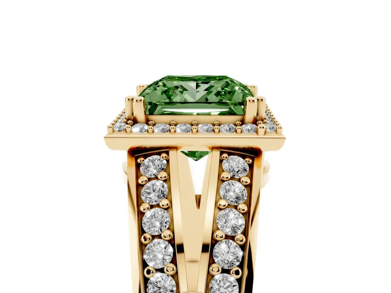 Princess Cut Halo Engagement Ring Setting for a Fancy Green Lab-Grown Diamond | Two-Row Pave Split Shank | Yellow Gold
