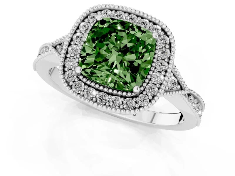 Cushion Cut Milgrain Halo Engagement Ring Setting for a Fancy Green Lab-Grown Diamond | Graduated Pavé | Platinum