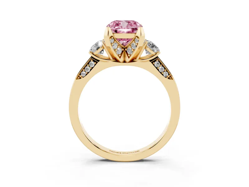 Cushion Cut Hidden Halo Three Stone Engagement Ring Setting for a Fancy Pink Lab-Grown Diamond | Yellow Gold