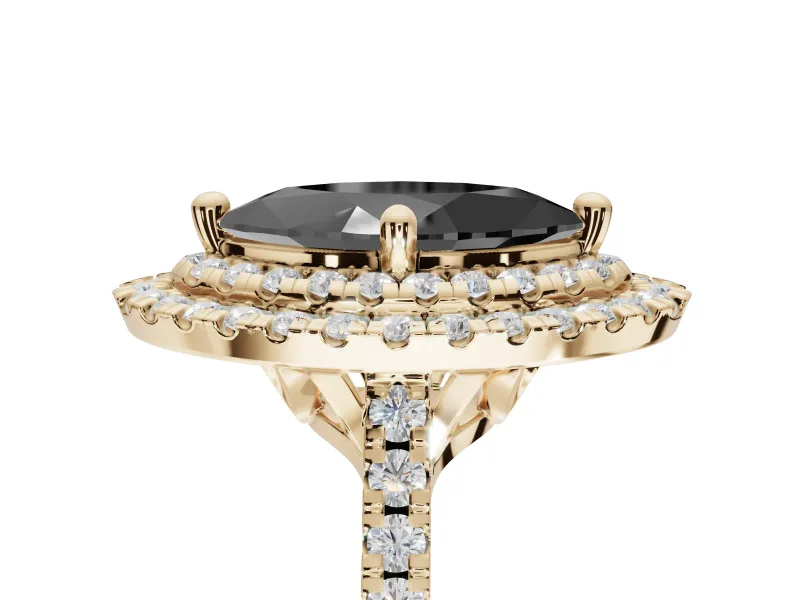 Marquise Double Halo Engagement Ring Setting for a Black Center | Pavé Shoulders | Yellow Gold