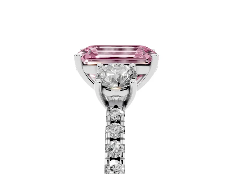 Emerald Cut Three Stone Engagement Ring Setting for a Fancy Pink Lab-Grown Diamond | Pave Shoulders | Sterling Silver