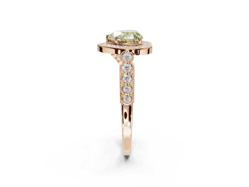 Canary Yellow Heart-Shaped Lab-Grown Diamond Milgrain Halo Solitaire Ring Set in Rose Gold with Bezel Set Side Stones and Pavé Band