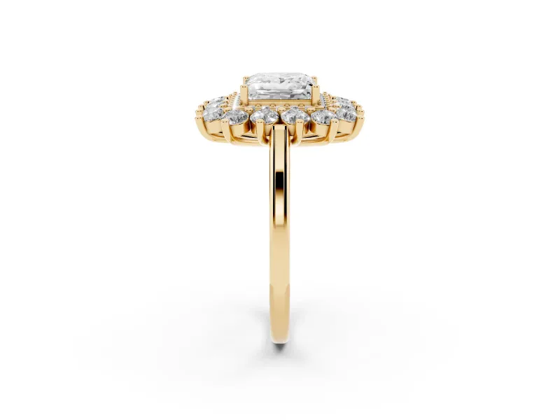 Princess Cut Floral Double Halo Engagement Ring Setting | Plain Band | Yellow Gold