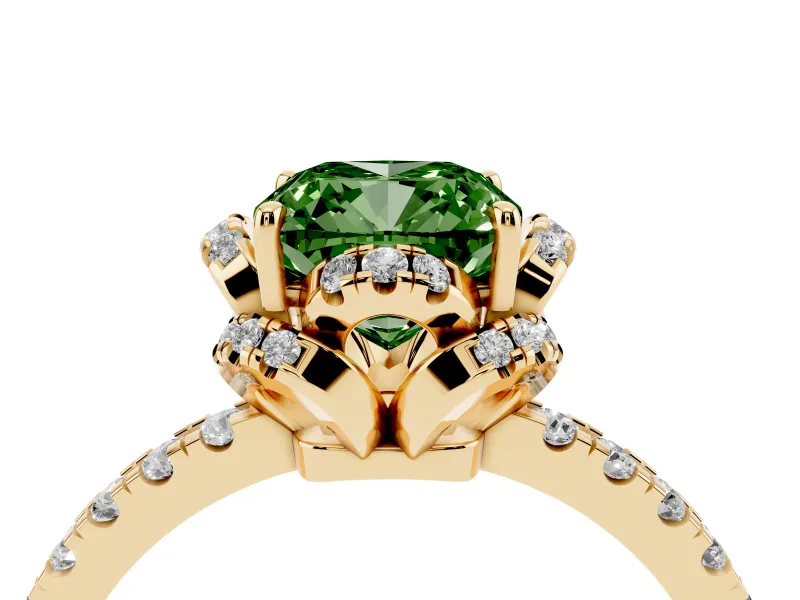 Cushion Cut Floral Petal Halo Engagement Ring Setting for a Fancy Green Lab-Grown Diamond | Pavé Band | Yellow Gold