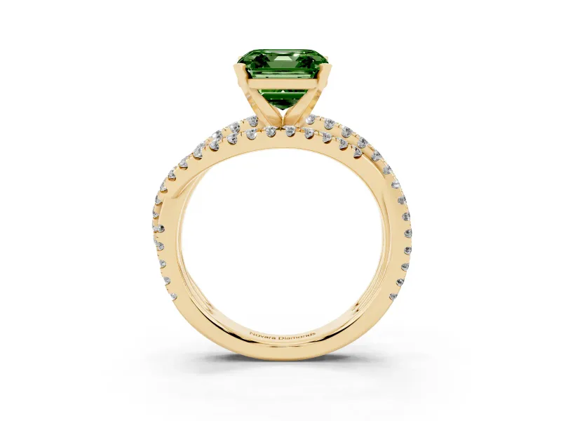 Fancy Green Asscher Cut Diamond Solitaire Twist Band Ring Set in Yellow gold with Pavé Setting and Prong Head