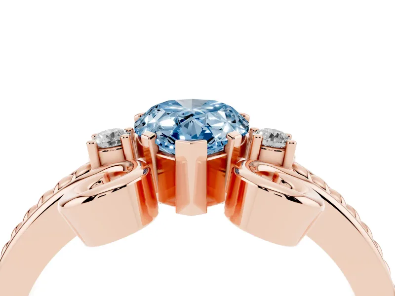 Fancy Blue Pear Cut Diamond Twisted Band Solitaire Ring Set in Rose gold with Scroll Prongs