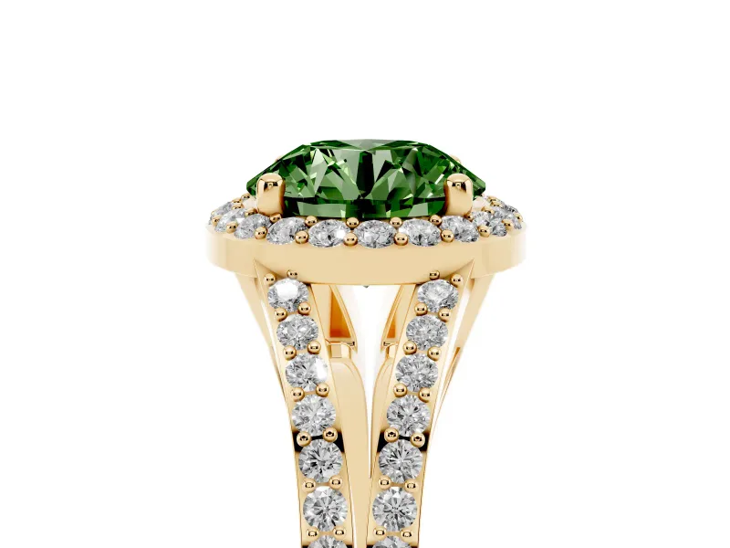 Round Halo Engagement Ring Setting for a Fancy Green Lab-Grown Diamond | Pave Split Shank | Yellow Gold