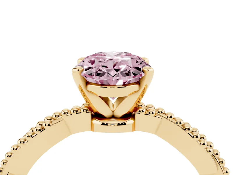 Fancy Pink Oval Cut Diamond Solitaire Ring Set in Yellow gold with Twisted Band and Bead Prong Setting