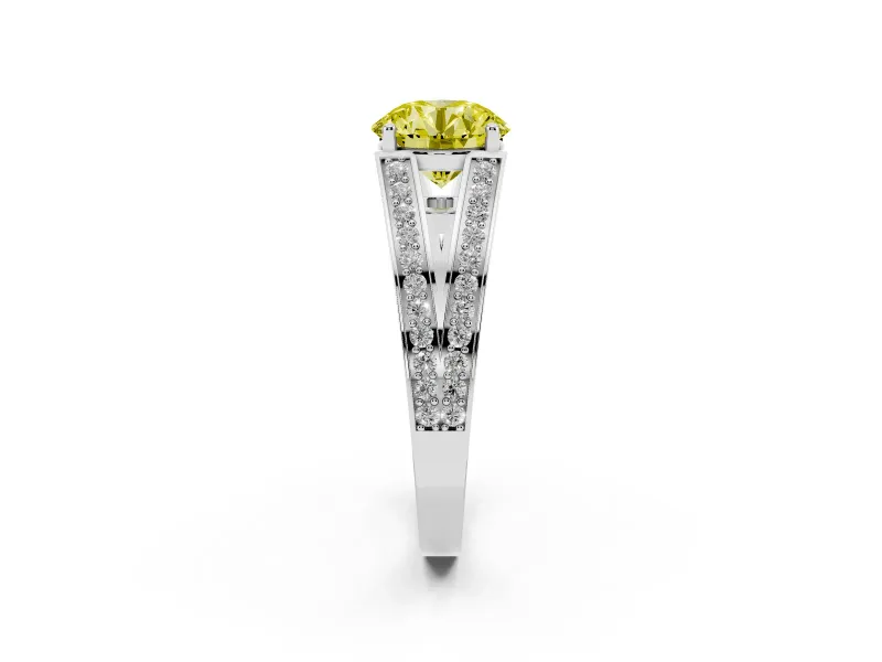 Fancy Yellow Round Cut Diamond Split Shank Ring Set in Platinum with Pavé Band and Prong Setting