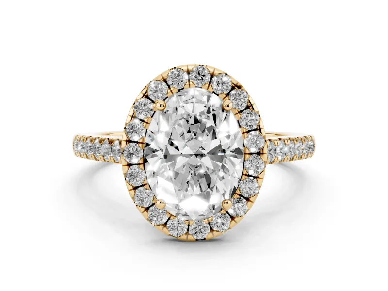 Oval Cut Diamond Halo Pavé Engagement Ring Set in Yellow gold with Prong Setting
