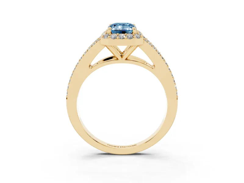 Emerald Cut Halo Engagement Ring Setting for a Fancy Blue Lab-Grown Diamond | V-Split Pavé Band | Yellow Gold