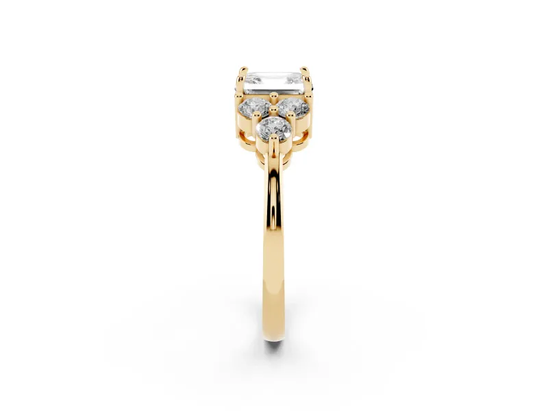 Asscher Cut Diamond Solitaire Ring Set in Yellow gold with Cluster Accents on Each Side