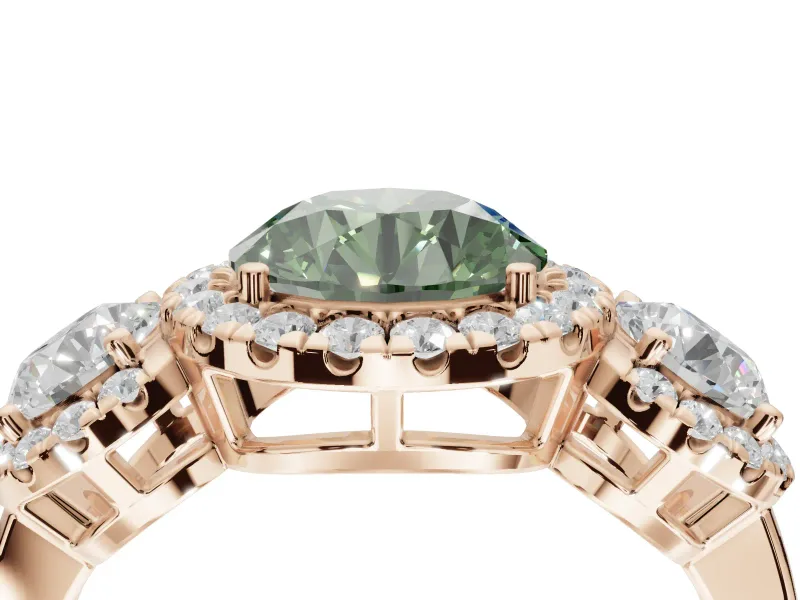 Round Three Stone Halo Engagement Ring Setting for a Fancy Green Lab-Grown Diamond | Rose Gold