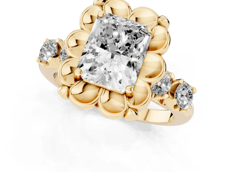Radiant Cut Diamond Floral Halo Ring Set in Yellow gold with Shared Prong Band