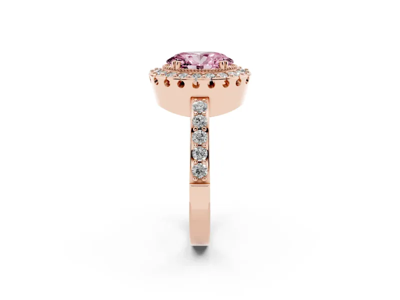Fancy Pink Oval Cut Diamond Halo Ring Set in Rose gold with Pavé Shank and Prong Setting