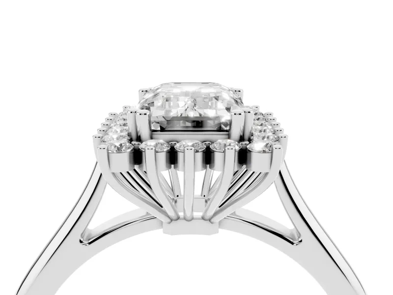 Emerald Cut Diamond Halo Ring Set in Platinum with Plain Solitaire Band and Prong Setting