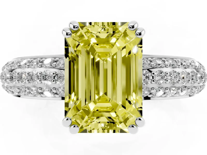 Emerald Cut Three Row Pave Engagement Ring Setting for a Fancy Yellow Lab-Grown Diamond | Platinum