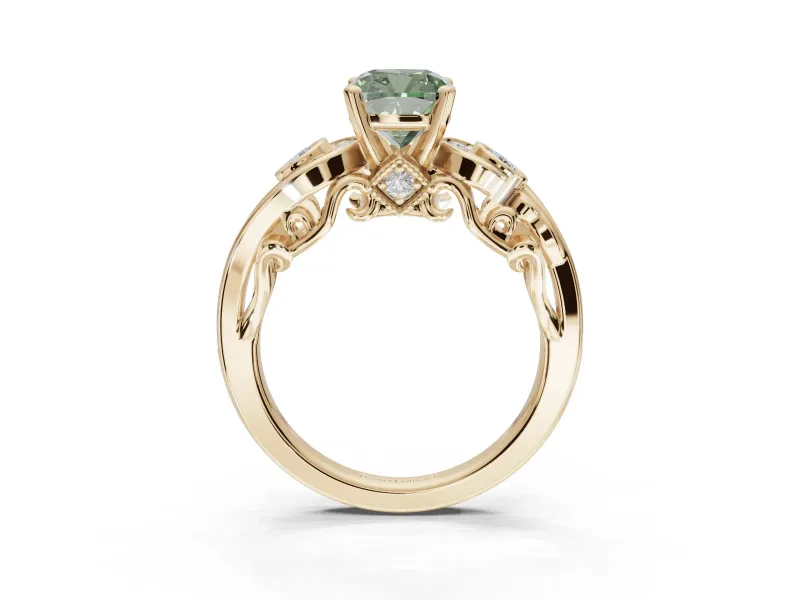 Cushion Cut Swirl Engagement Ring Setting for a Fancy Green Lab-Grown Diamond | Yellow Gold