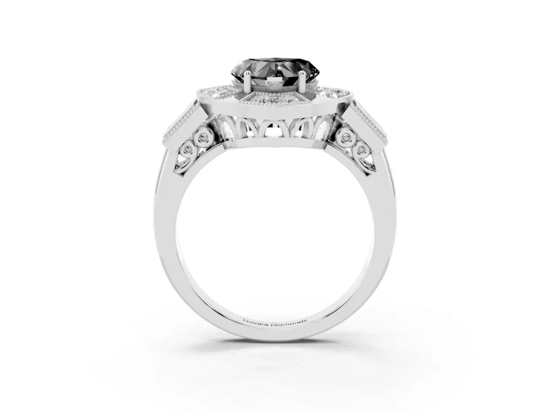Fancy Black Heart Cut Diamond Milgrain Halo Ring Set in Silver with Split Shank