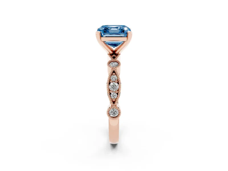 Fancy Blue Asscher Cut Diamond Solitaire Engagement Ring Set in Rose gold with Milgrain Bezel Accent Band
