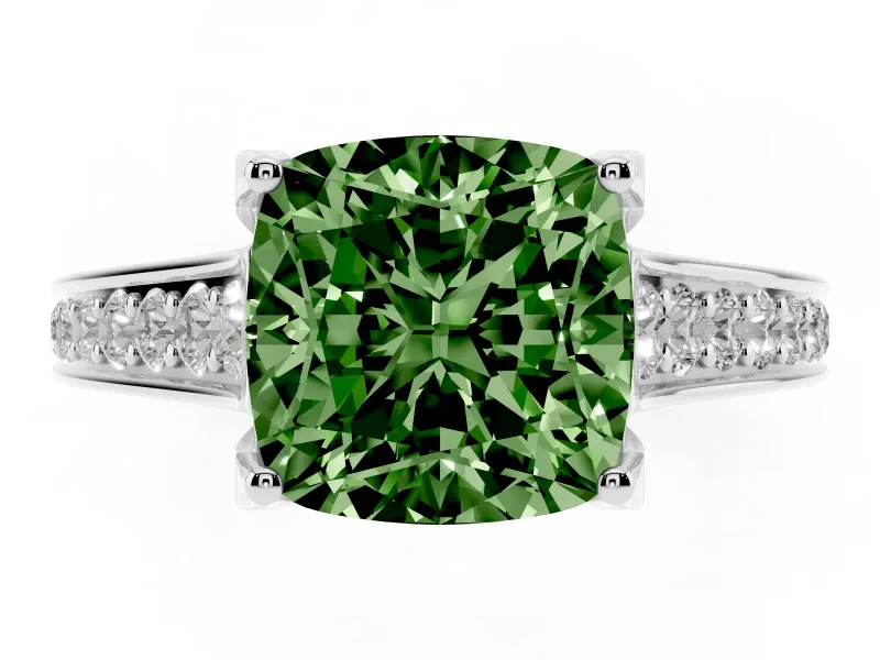 Fancy Green Cushion Cut Diamond Solitaire Pavé Engagement Ring Set in Silver with Prong Setting