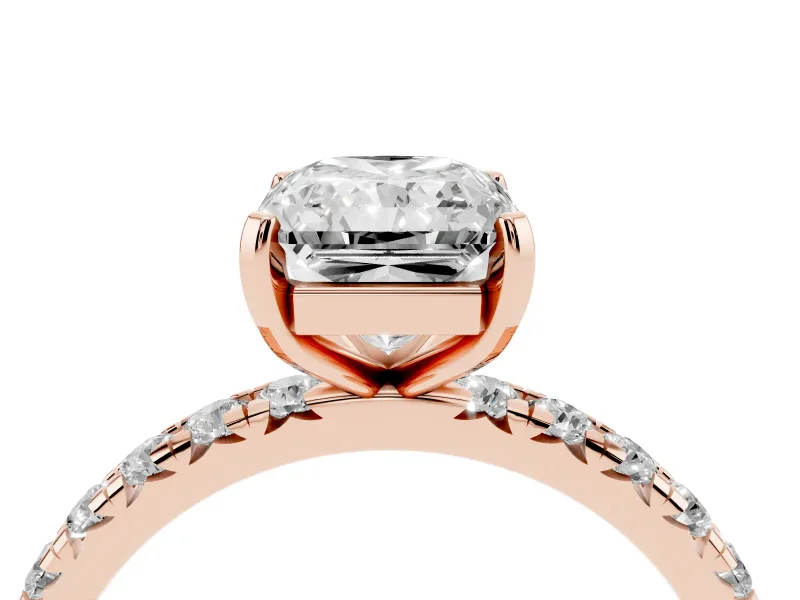 Radiant Cut Diamond Pavé Solitaire Ring Set in Rose gold with Round Band and Prong Setting