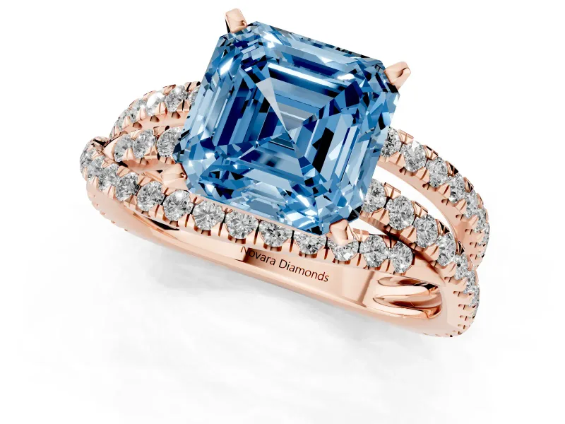 Fancy Blue Asscher Cut Diamond Solitaire Twist Band Ring Set in Rose gold with Pavé Setting and Prong Head