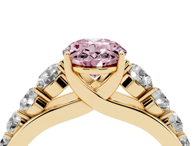 Oval Graduated Side Stone Engagement Ring Setting for a Fancy Pink Lab-Grown Diamond | Flat Top Band | Yellow Gold