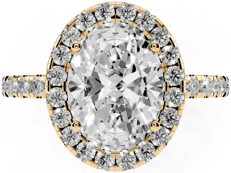Oval Cut Diamond Pavé Band Halo Engagement Ring Set in Yellow gold with Prong Setting