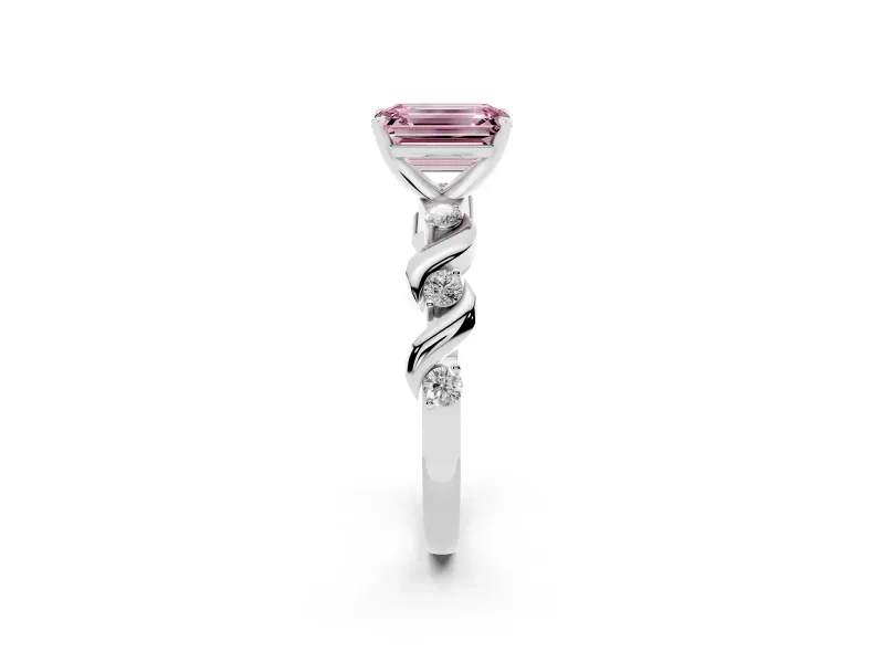 Fancy Pink Emerald Cut Diamond Solitaire Ring Set in Platinum with Ribbon Twist Band, Round Accents and Prong Setting