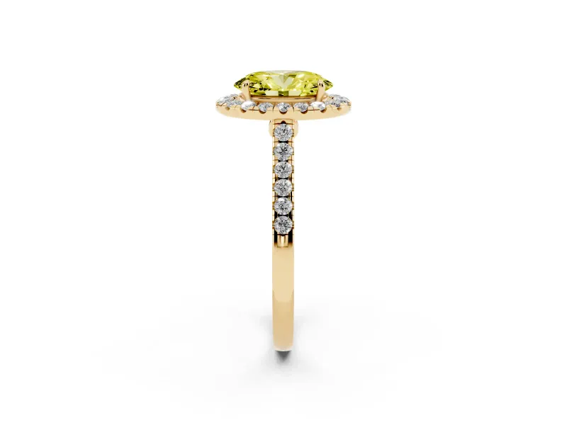 Oval Halo Engagement Ring Setting for a Fancy Yellow Lab-Grown Diamond | Pave Shoulders | Yellow Gold