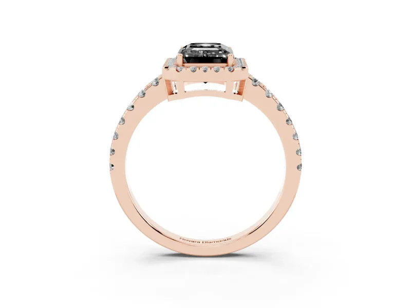 Fancy Black Emerald Cut Diamond Halo Ring Set in Rose gold with Delicate Pavé Band and Prong Setting
