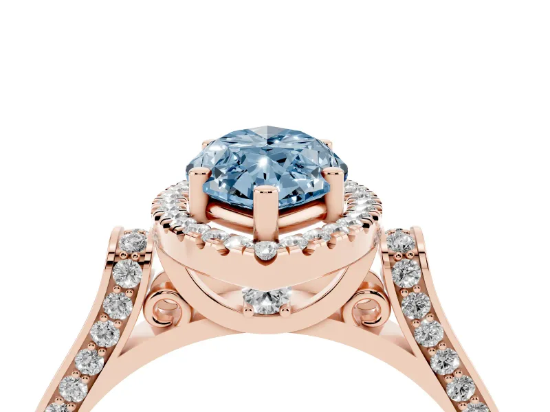 Fancy Blue Marquise Cut Diamond Halo Ring Set in Rose gold with Pavé-Lined Split Shank Band